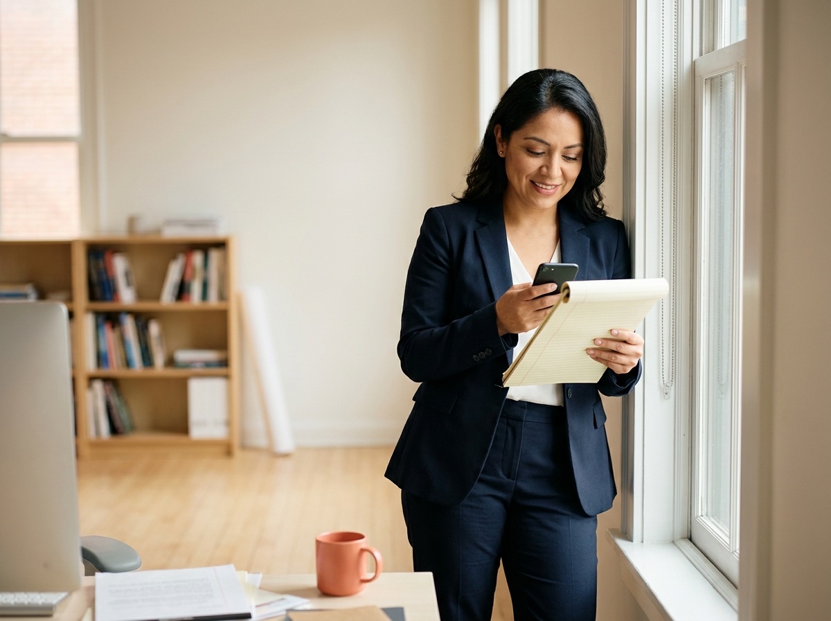 Attorney reading a consultation confirmation in her office