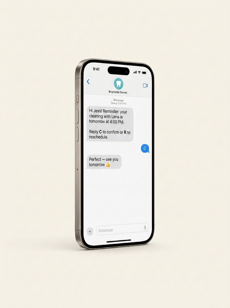 iPhone showing a dental cleaning reminder text the day before the appointment