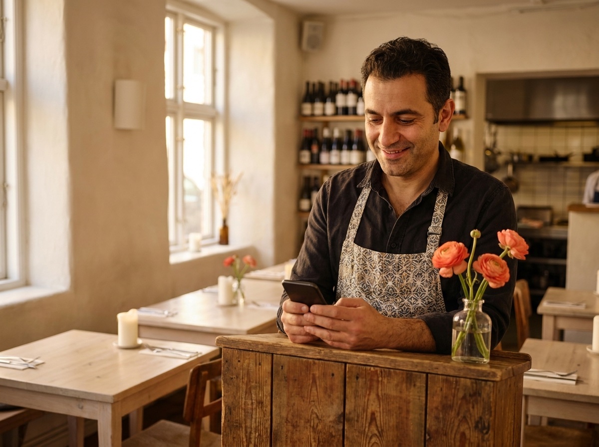 Restaurant owner reading a reservation text at the host stand before dinner service